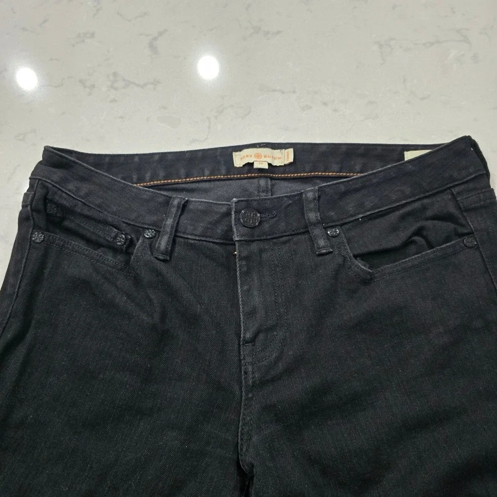 Tory Burch Super Skinny Jeans Black Denim Logo Hardware Womens Size 29